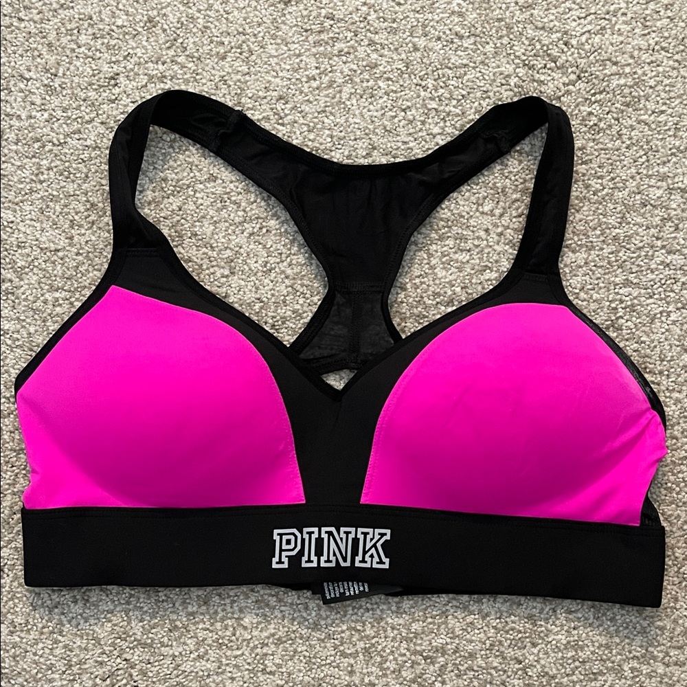 PINK Victoria's Secret Black and Vibrant Pink Sports Bra